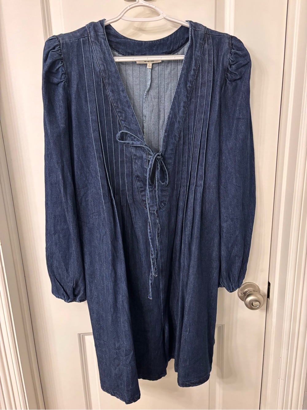 Lalavon Women's Blue Denim Peasant Romper with Tie Front
